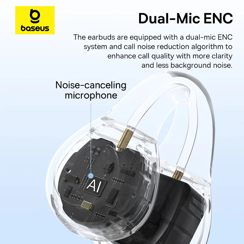 Baseus AirGo AS01 Ear clip Earphones Bluetooth 5.3 Wireless Earphone 2-MIc ENC HD Call Noise Reduction Headphones Sports Earbuds