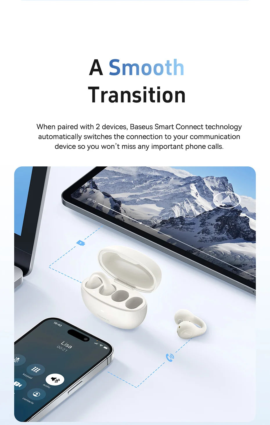 Baseus AirGo AS01 Ear clip Earphones Bluetooth 5.3 Wireless Earphone 2-MIc ENC HD Call Noise Reduction Headphones Sports Earbuds