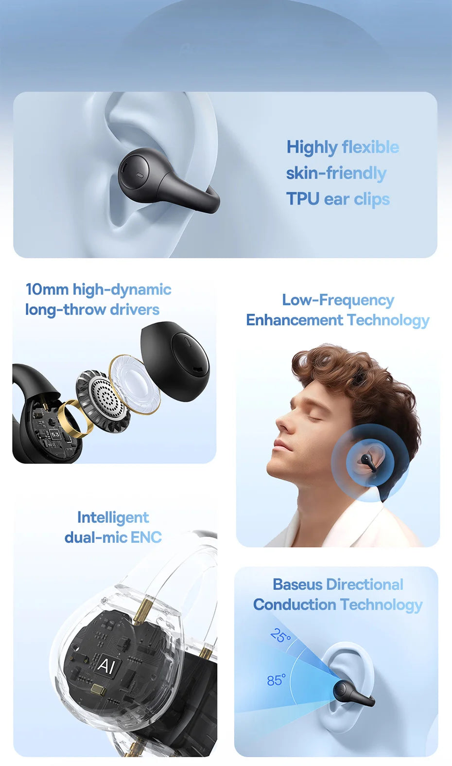 Baseus AirGo AS01 Ear clip Earphones Bluetooth 5.3 Wireless Earphone 2-MIc ENC HD Call Noise Reduction Headphones Sports Earbuds