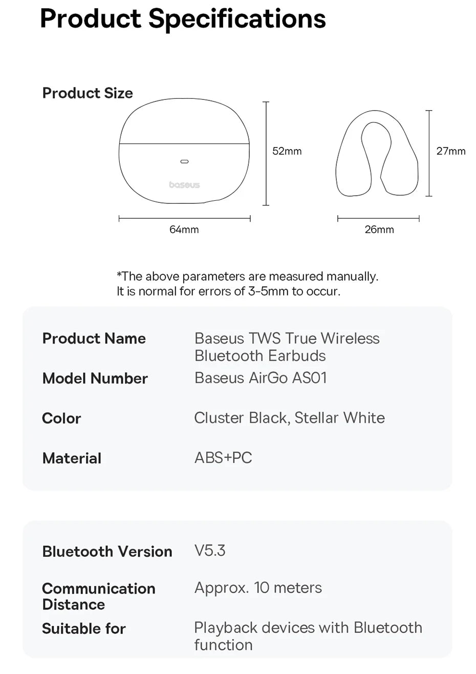 Baseus AirGo AS01 Ear clip Earphones Bluetooth 5.3 Wireless Earphone 2-MIc ENC HD Call Noise Reduction Headphones Sports Earbuds