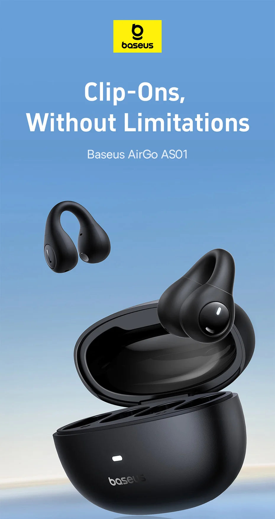 Baseus AirGo AS01 Ear clip Earphones Bluetooth 5.3 Wireless Earphone 2-MIc ENC HD Call Noise Reduction Headphones Sports Earbuds