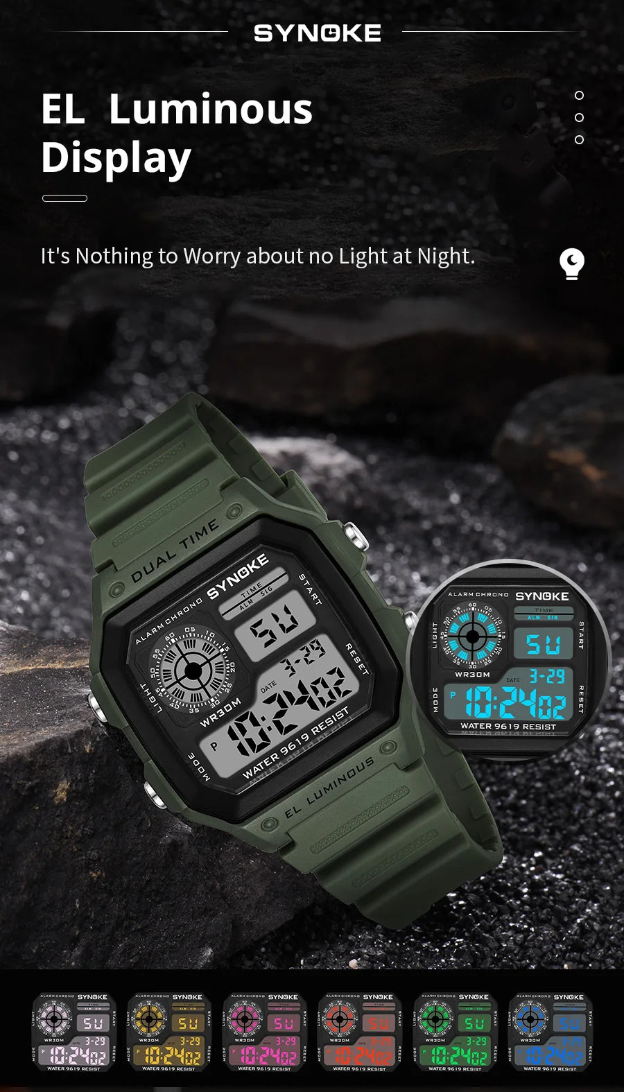 Digital Watches Men Sports Luminous Multifunction Waterproof Women Wristwatch Outdoor and Running Student Seven Lights Synoke