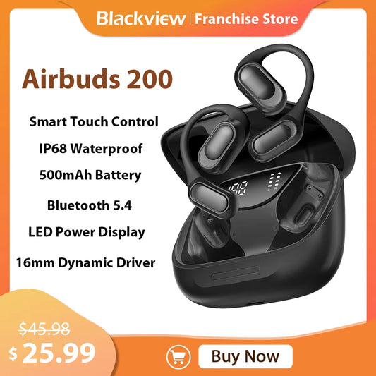 Blackview Airbuds 200 Earphones, 500mAh Open-Ear Wireless Headphones, Touch Control Sports Air Conduction Bass ENC IP68